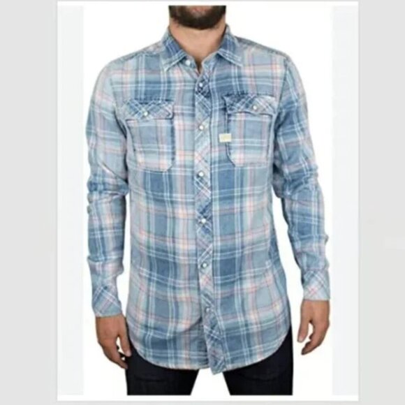 G-Star Raw Landoh Plaid Pearl Snap Shirt Size L Western Faded Blue Casual - Picture 1 of 9